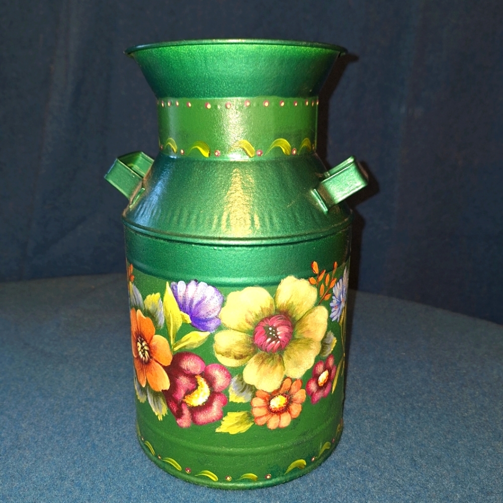Vintage Metal Milk Canister, Forest Green, Bavarian Folk Art